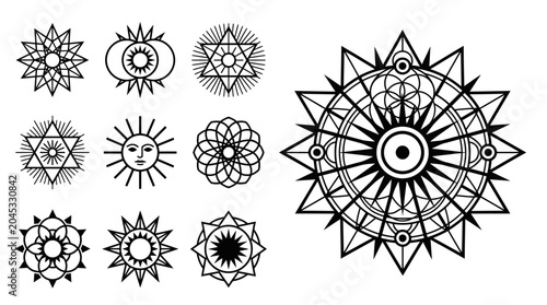 Schilderij op canvas Esoteric Symbols, Celestial Ornaments, Mystical Geometric Patterns, Sun Icons