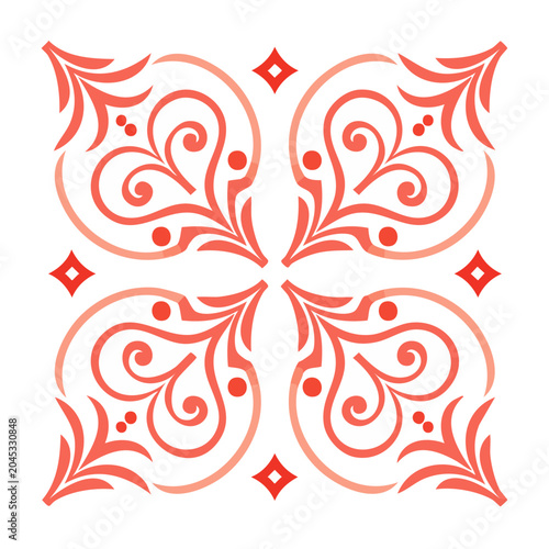 Red and pink ornamental pattern with swirls and diamonds