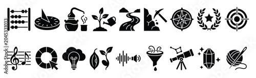 Knowledge and learning icons. Science and nature symbols. Discovery and creativity flat style icon set. Stock vector.