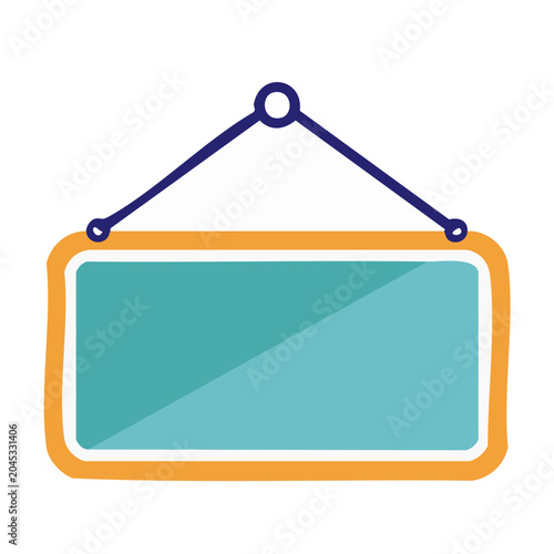 Hanging sign with orange frame and teal surface