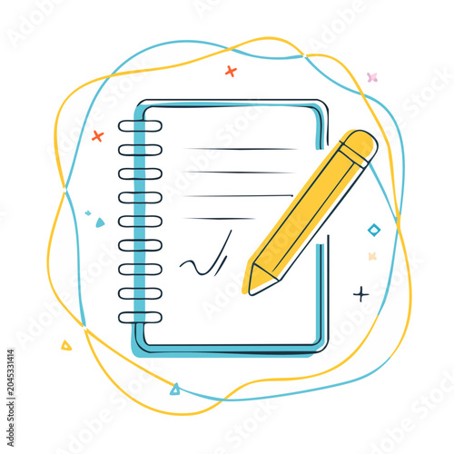 Illustration of a notebook with a pencil and a signature