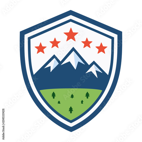 Mountain landscape emblem with stars and trees