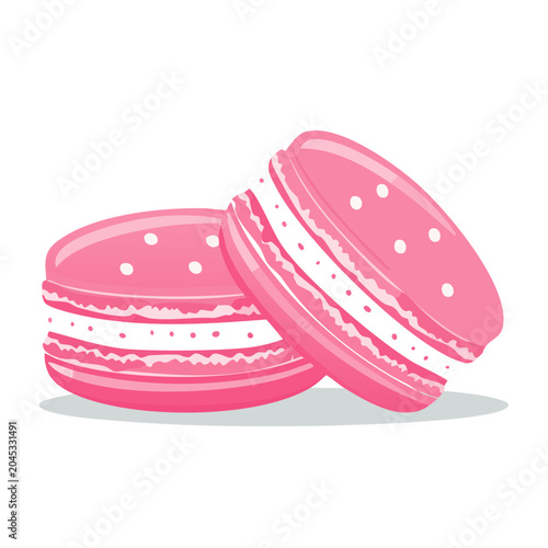 Two pink macarons with white filling on white background