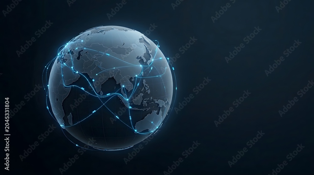 Fototapeta premium Futuristic digital illustration of planet earth globe showing global communication network lines on dark background