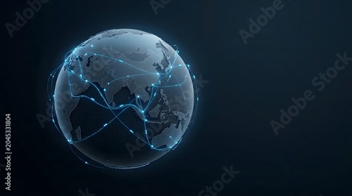 Futuristic digital illustration of planet earth globe showing global communication network lines on dark background