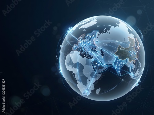 Futuristic digital illustration of planet earth globe showing global communication network and data transfer links