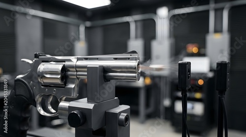 Classic steel revolver handgun mounted on technical testing stand inside modern ballistics laboratory