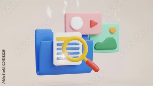 3D file folder icon with a magnifying glass, documents, and media thumbnails.