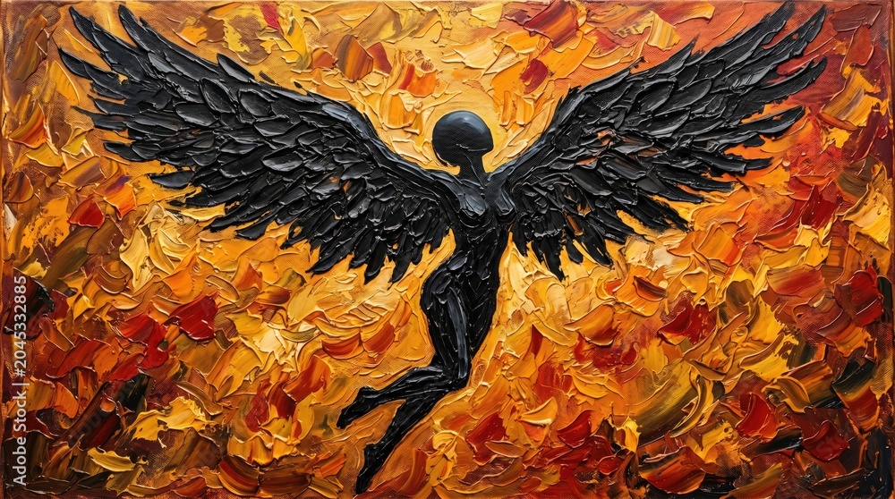 Naklejka premium A textured painting depicting a black angelic figure with outstretched wings against a vibrant, fiery orange and yellow abstract background.