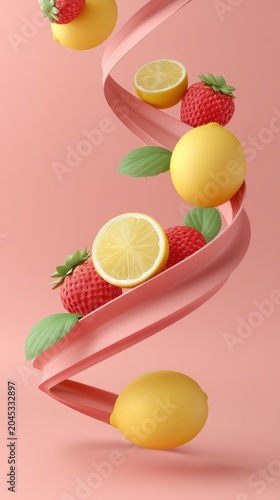 Abstract composition of flying strawberries and lemons with pink ribbon on pastel background