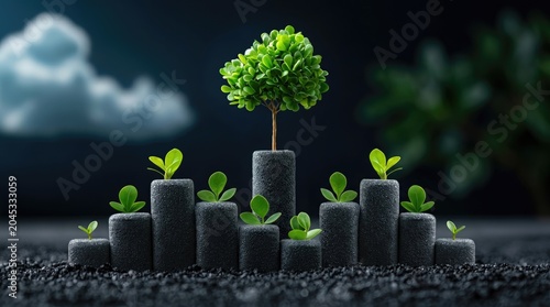 Small green plants grow on cylindrical black platforms, with one tall tree standing out, symbolizing growth and progress.