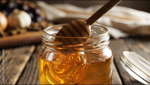 Close up of golden sweet honey flowing from wooden dipper into glass jar
