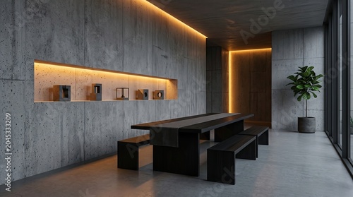 A modern minimalist dining room with concrete walls, ambient recessed lighting, a long black table with benches, and a potted plant near large floor-to-ceiling windows.