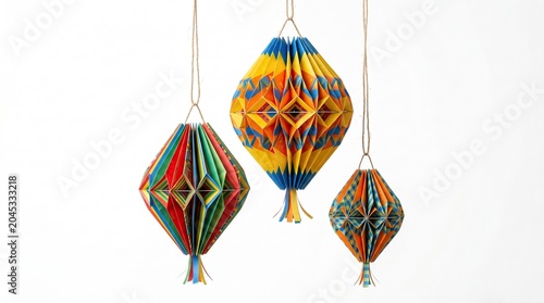 Colorful Paper Lanterns Hanging Against White Background