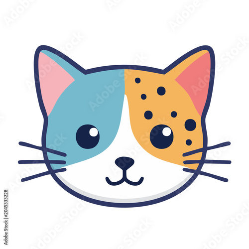 Cute cartoon cat face with colorful patches