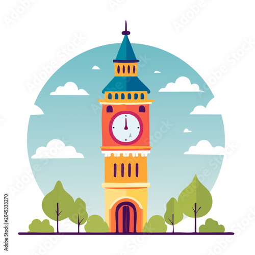 Flat design illustration of a clock tower with trees and clouds