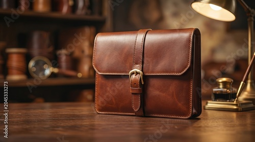 A stylish brown leather satchel with a buckle sits on a wooden surface under warm lighting in a cozy, vintage-inspired setting.