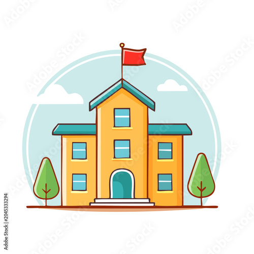 Flat design school building with trees and clouds