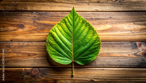 A vibrant green leaf rests symmetrically on rich, warm-toned wooden planks. The leaf's intricate veins are visible. Natural light enhances its shape