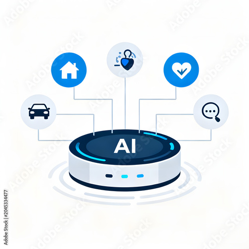 An AI-powered smart device connecting to various aspects of modern life including smart home, automotive, health, security, and communication systems.