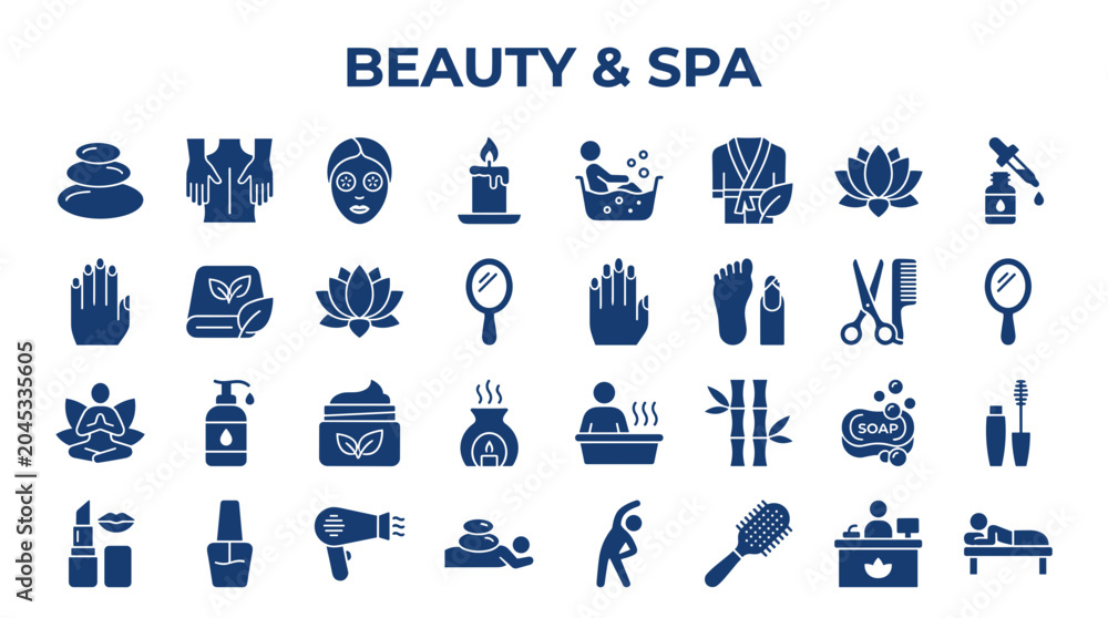 Fototapeta premium Comprehensive collection of beauty and spa icons representing wellness treatments relaxation and personal care services for a healthy lifestyle concept