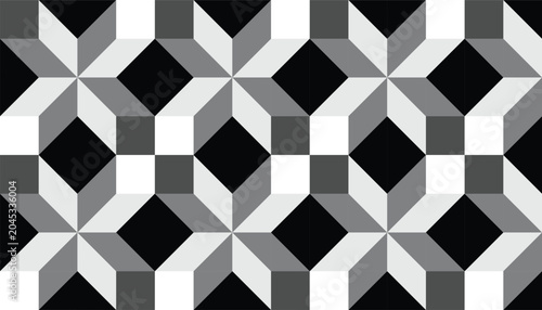 Seamless geometric pattern with 3D cube shapes in black, white, and grey