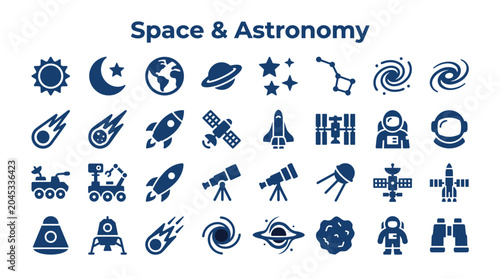 Valokuva Collection of space and astronomy icons representing celestial bodies spacecraft