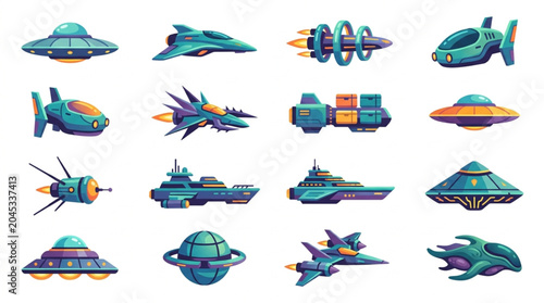 Quadro su tela Collection of futuristic science fiction spacecraft and alien ships