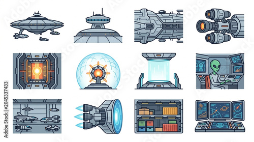 Cuadro en lienzo Collection of futuristic science fiction spacecraft and technology elements
