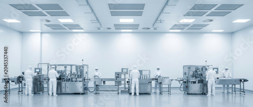 Biotechnology lab research clean room factory workers in sterile room