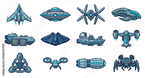 Quadro su tela Collection of futuristic science fiction spacecraft and robots.
