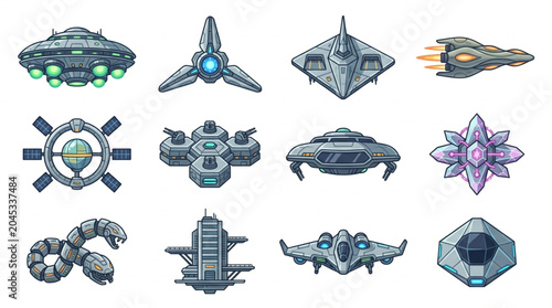 Quadro su tela Collection of futuristic science fiction spacecraft and vehicles.