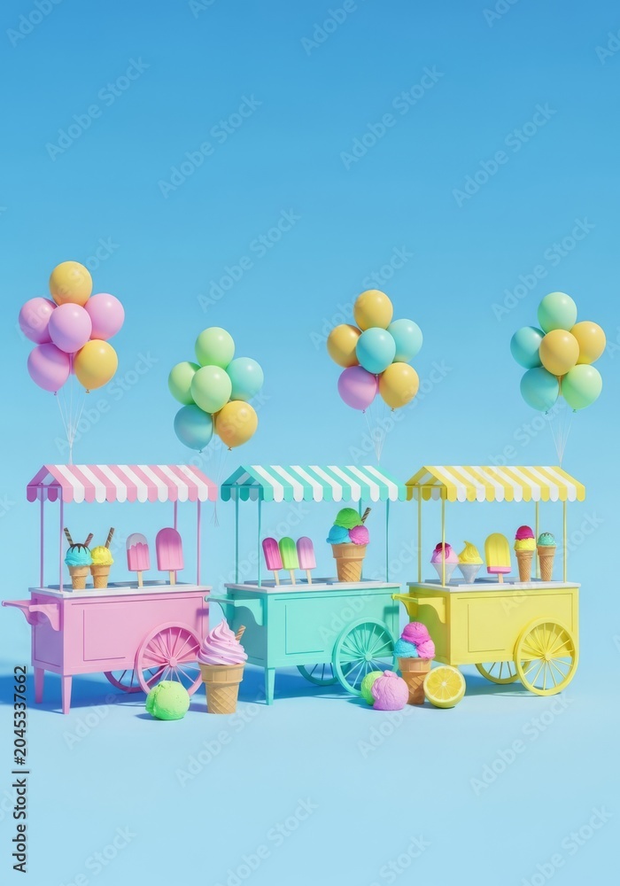 Fototapeta premium Vibrant summer fair scene featuring pastel ice cream carts, clusters of bright balloons, and various chilled desserts under a clear sky, sugar, balloons, delicious