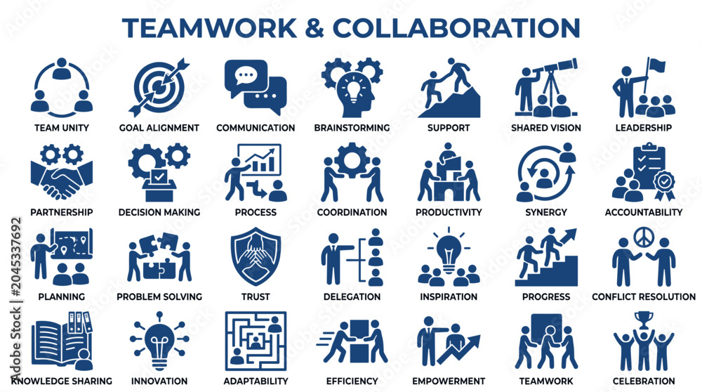 Fototapeta premium Teamwork and Collaboration Icons Set Illustrating Business Concepts like Unity Planning Communication and Success