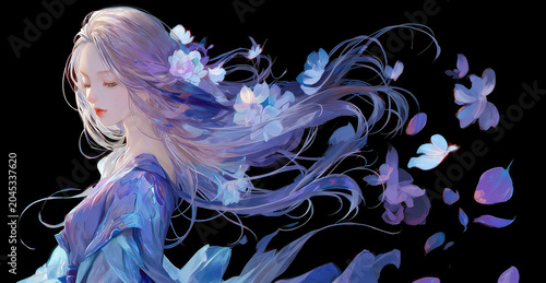 Anime style illustration of a beautiful young woman surrounded by floating petals illuminated by warm light as soft wind moves her flowing hair.