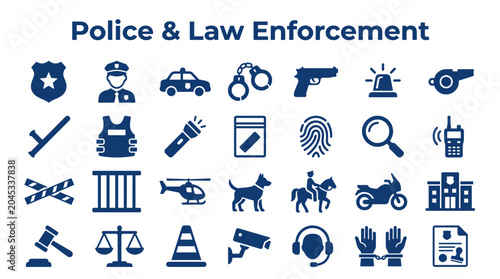 Police and Law Enforcement Icons Collection Representing Justice Security and Crime Fighting Concepts