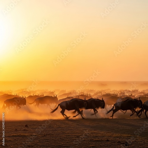 A large herd of wildebeests charges across a sun-scorched plain, creating thick swirls of dust in the warm light of a golden afternoon, stampede, journey, safari