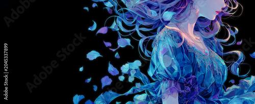 Anime style illustration of a beautiful young woman surrounded by floating petals illuminated by warm light as soft wind moves her flowing hair.