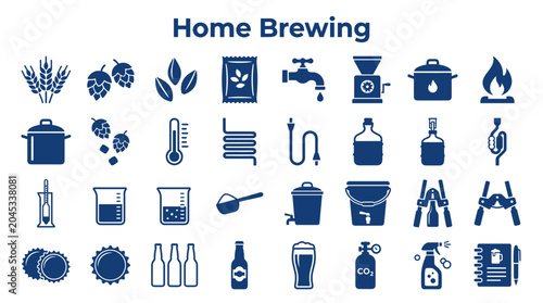 Tableau sur toile Home brewing equipment and ingredients icons for craft beer making process illus