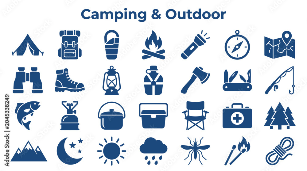 Fototapeta premium Collection of camping and outdoor adventure icons representing equipment for hiking, survival, and nature exploration