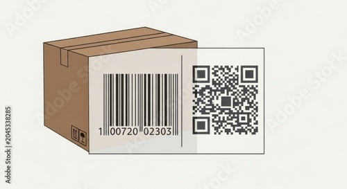 Cardboard box with barcode and QR code.