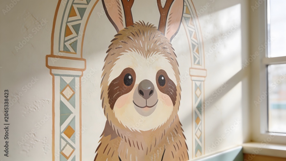 Obraz premium Adorable cartoon sloth mural with antlers brings a cheerful and whimsical touch to an indoor wall.