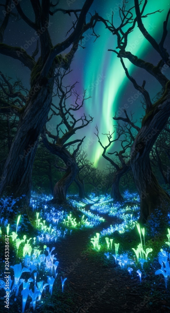 Fototapeta premium An ethereal forest path winds through ancient trees under a vibrant aurora borealis, with glowing bioluminescent plants lighting the ground, evening, vegetation, mystical