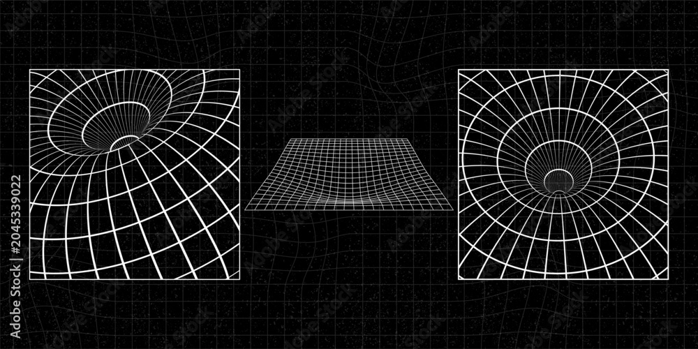 Obraz premium Black hole gravitational singularity wireframe representation on textured distorted grid background.