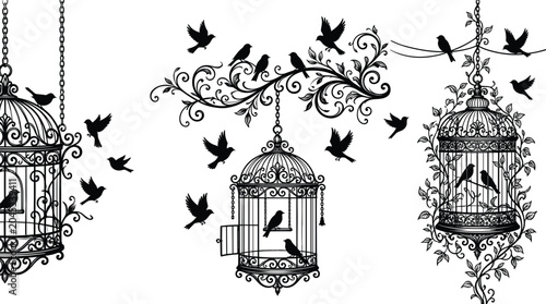 фотографія Ornate hanging birdcages with perching and flying birds in detailed black silhou