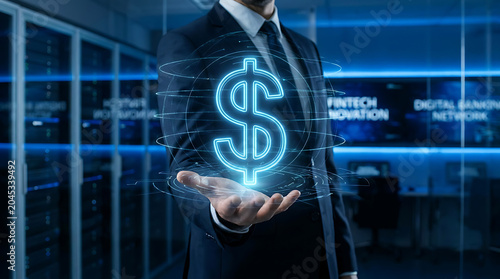 Businessman holding digital dollar hologram in office