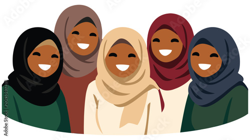 Foto Group of diverse smiling muslim women wearing colorful hijab scarves