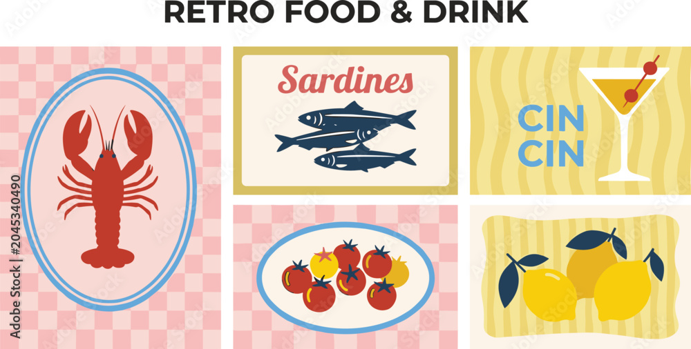 Fototapeta premium Retro food and drink collection flat vector illustration with lobster.