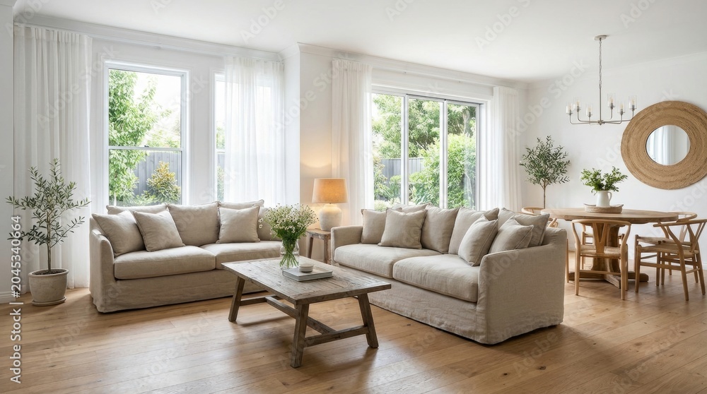 Fototapeta premium Elegant Living Room with Comfortable Sofas, Coffee Table, and Natural Light.