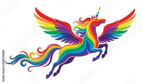 Tableau sur toile Flying Unicorn Rainbow Silhouette Vector Isolated on White Background for Fantas